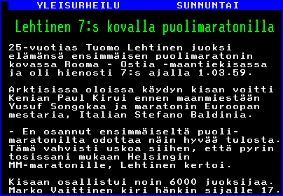Ylen Teksti-TV: Lehtinen 7:s kovalla puolimaratonilla