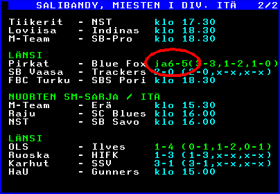 Ylen teksti-tv: salibandytuloksia: Pirkat - Blue Fox 6-5 ja.